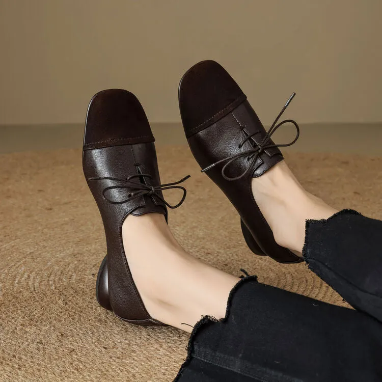 Isyou ibeauty Square Toe Leather Lace-up Flat Shoes Y2575