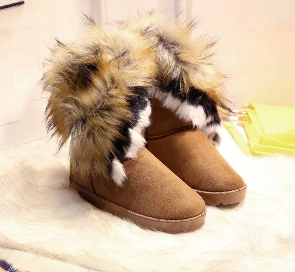King Ma Women's Faux Fur Tassel Winter Snow Boot Suede Flat Ankle Boots