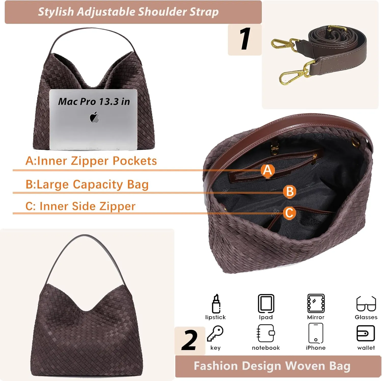 KlaOYer Woven Suede Tote Bag for Women Summer Beach Hobo Bag Large Travel Shoulder Bag Vegan Crossbody Purse Handmade Handbag