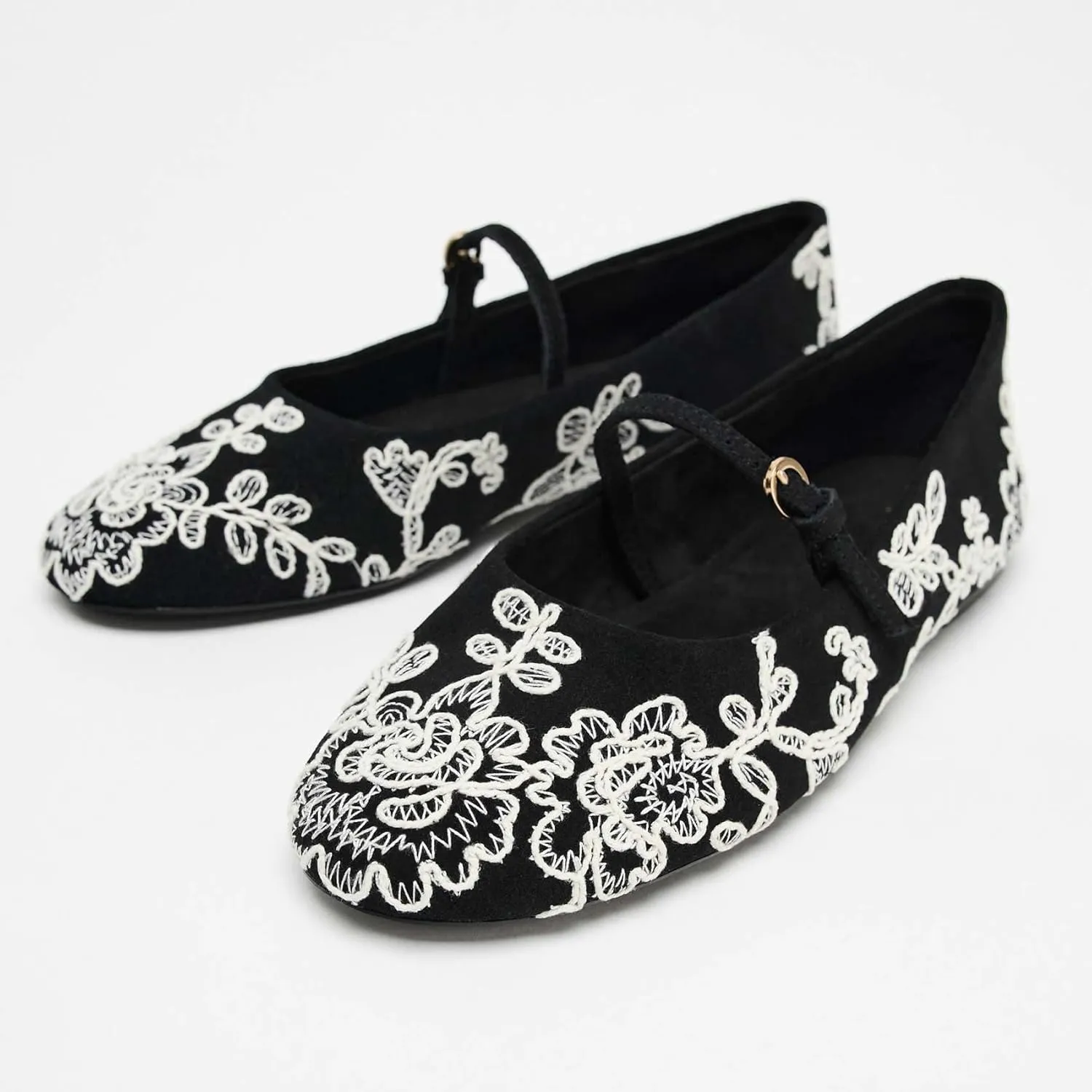 Kluolandi Embroidered Ballet Flats Shoes for Women Dressy Comfortable Faux Suede Ballerinas Ankle Strap Mary Jane Flats