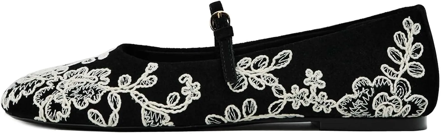 Kluolandi Embroidered Ballet Flats Shoes for Women Dressy Comfortable Faux Suede Ballerinas Ankle Strap Mary Jane Flats