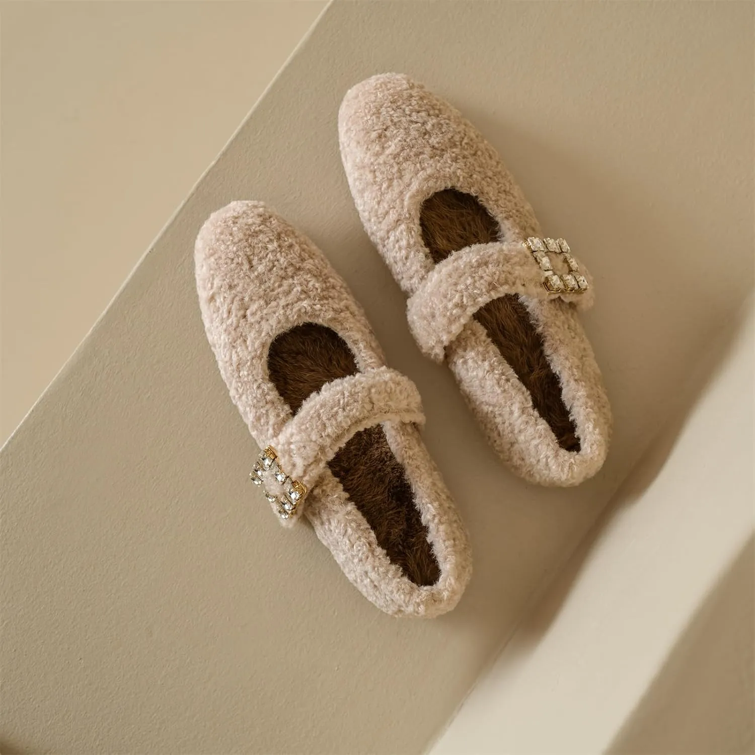 Kluolandi Women's Shearling Ballet Flats with Strap Warm Rabbit Fur Lined Crystal Buckle Mary Jane Flat Shoes