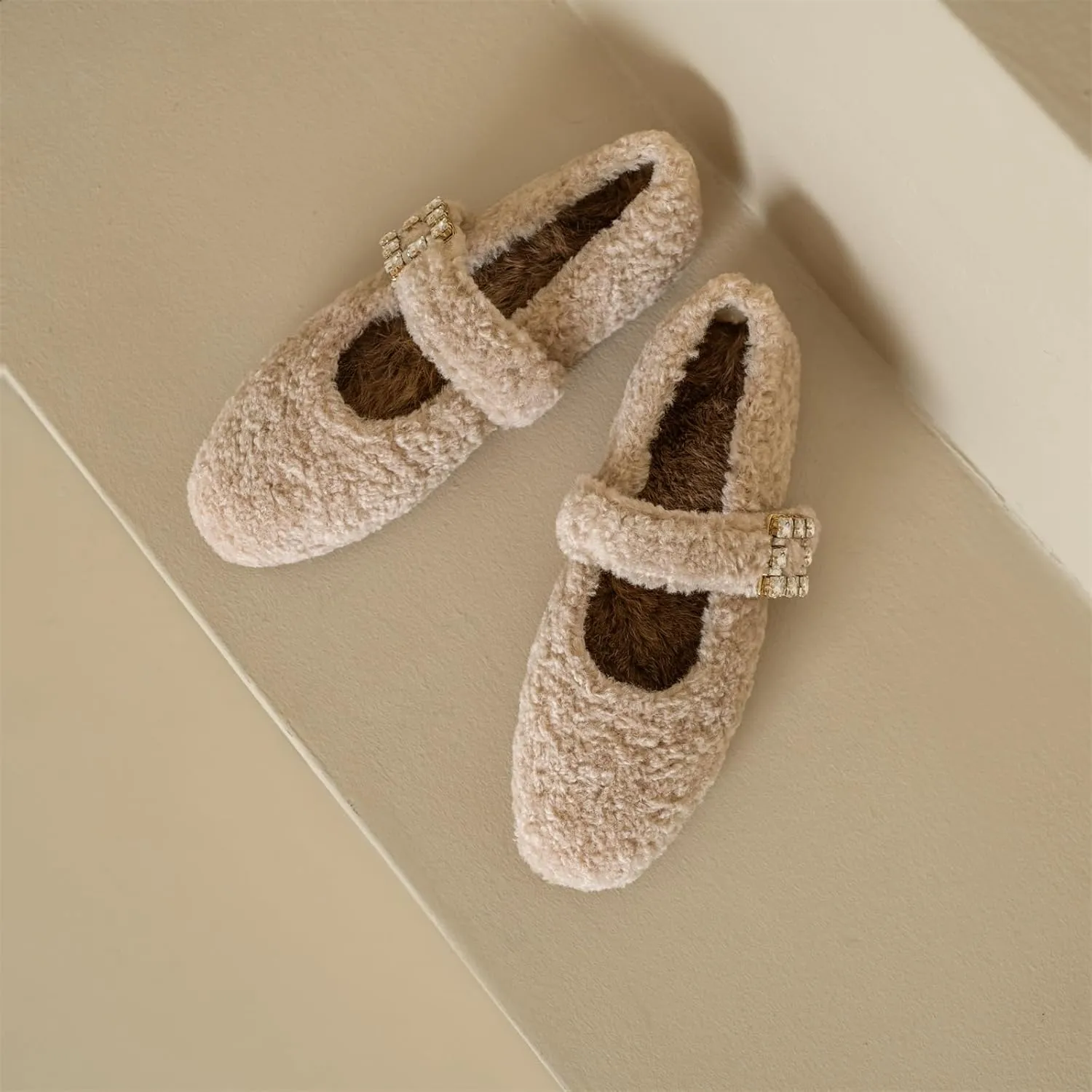 Kluolandi Women's Shearling Ballet Flats with Strap Warm Rabbit Fur Lined Crystal Buckle Mary Jane Flat Shoes