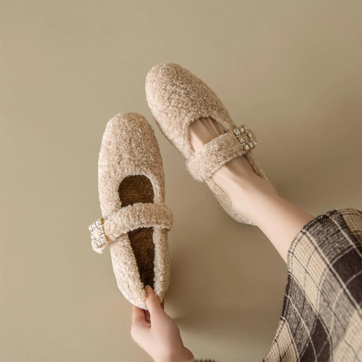 Kluolandi Women's Shearling Ballet Flats with Strap Warm Rabbit Fur Lined Crystal Buckle Mary Jane Flat Shoes