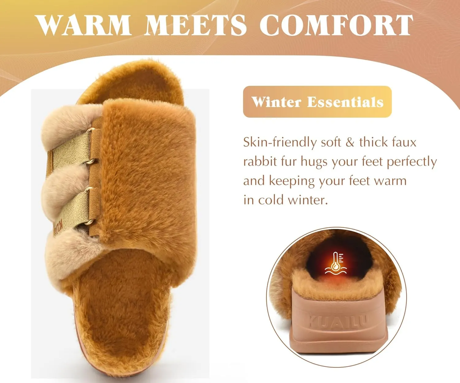 KuaiLu Women's Orthotic Slippers With Arch Support Soft Cushion Sandal Slippers for Woman Ladies Fashion Open Toe Faux Fur Platform Slipper Indoor Outdoor Size 6~12