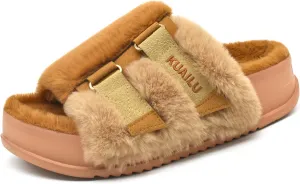 KuaiLu Women's Orthotic Slippers With Arch Support Soft Cushion Sandal Slippers for Woman Ladies Fashion Open Toe Faux Fur Platform Slipper Indoor Outdoor Size 6~12