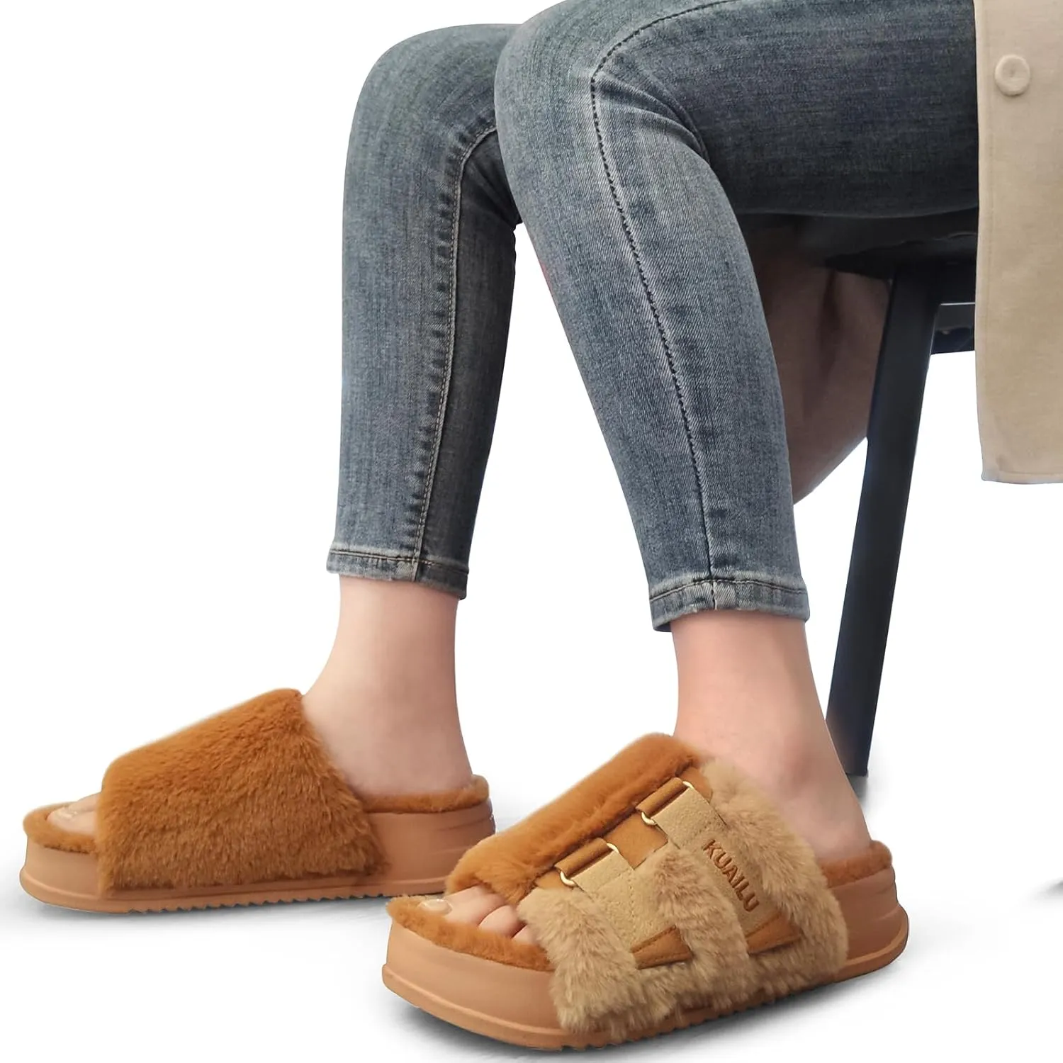 KuaiLu Women's Orthotic Slippers With Arch Support Soft Cushion Sandal Slippers for Woman Ladies Fashion Open Toe Faux Fur Platform Slipper Indoor Outdoor Size 6~12