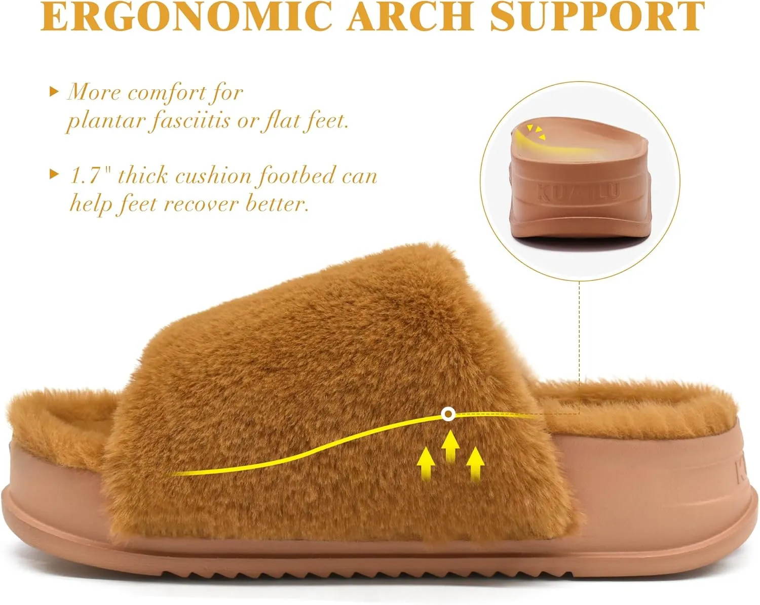 KuaiLu Women's Orthotic Slippers With Arch Support Soft Cushion Sandal Slippers for Woman Ladies Fashion Open Toe Faux Fur Platform Slipper Indoor Outdoor Size 6~12