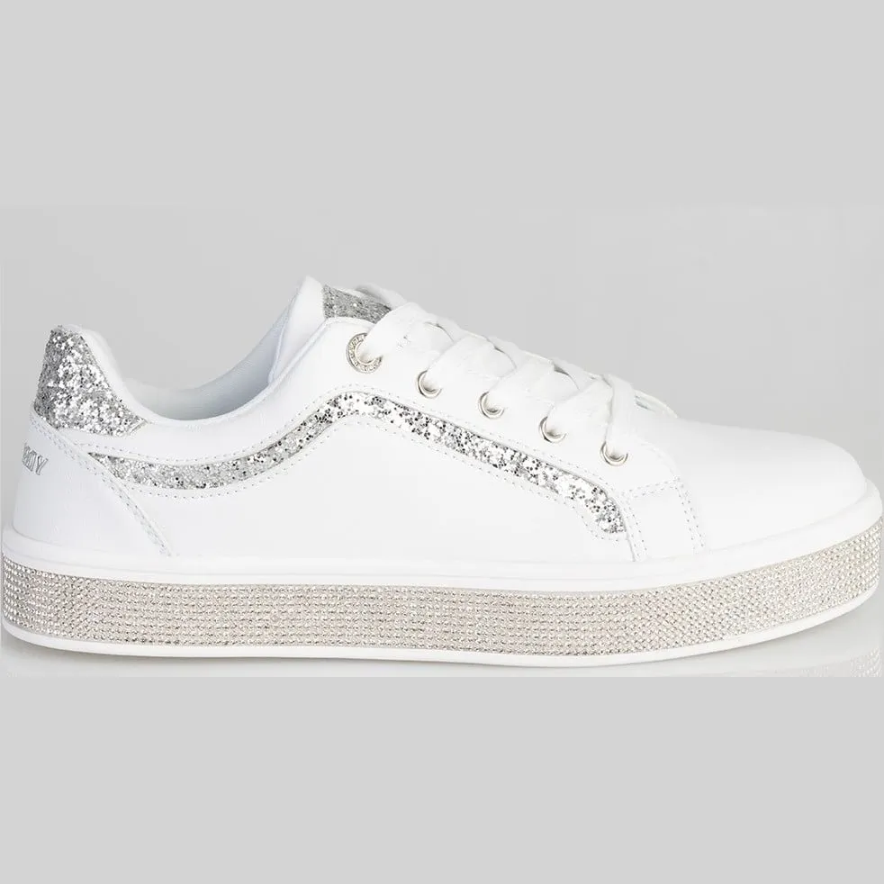 Ladies Glitter Bolt Duchess Sneaker - White Glitter