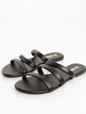 Ladies Padded 3 Strap Push-In Mule Sandal - Black