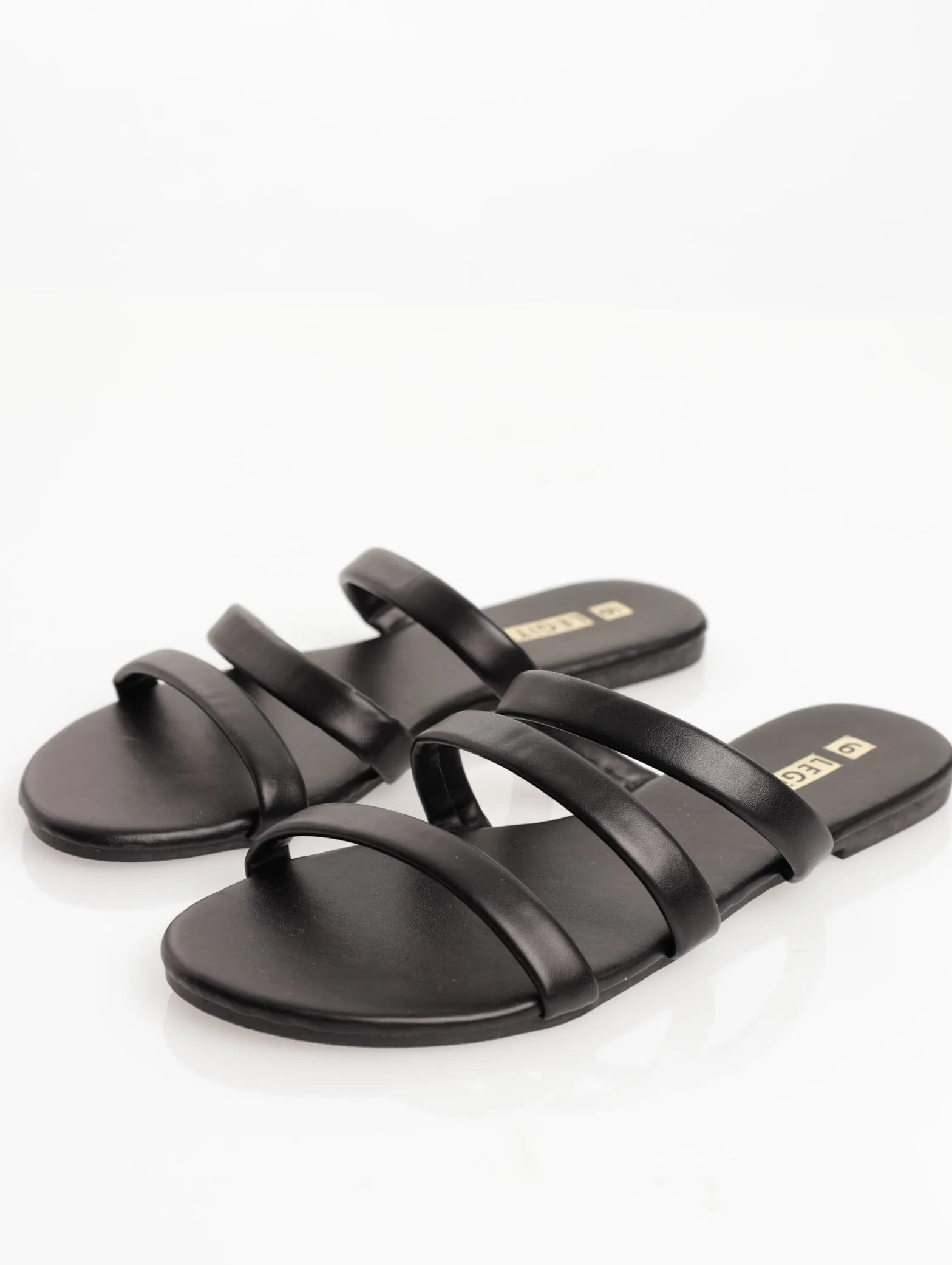 Ladies Padded 3 Strap Push-In Mule Sandal - Black