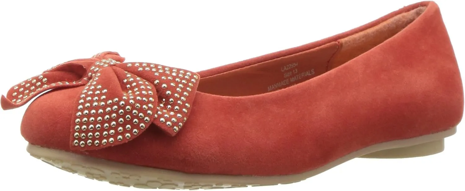 Laura Ashley Kid's Ballerina Flat with Studded Bow, Coral Suede, 13 M US Little Kid