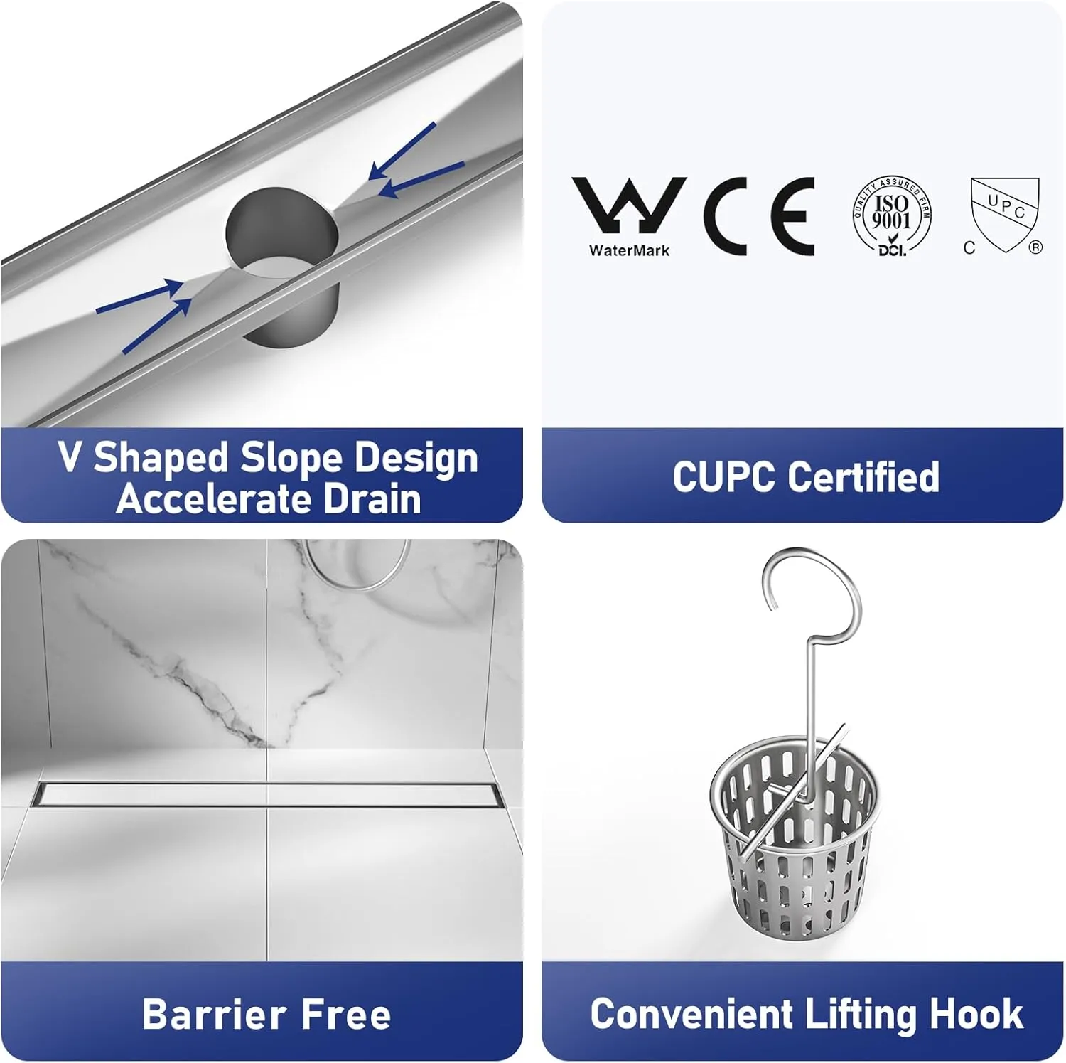 Linear Shower Drain 18", Brushed Floor Drain with Tiled Insert Grate & Hair Strainer, 304 Stainless Steel Bathroom 2-in-1 Tiled in Drain, CUPC Certified (Brushed, 18'')
