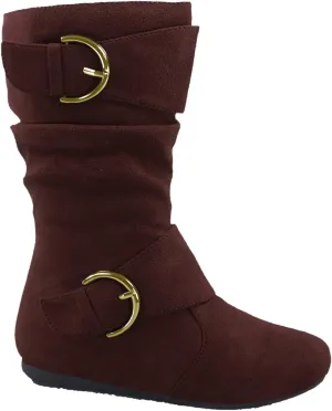 Link Klein-70k Girl's Kid's Faux Suede Two Buckle Zipper Flat Heel Mid Calf Slouchy Boot Shoes Brown 13