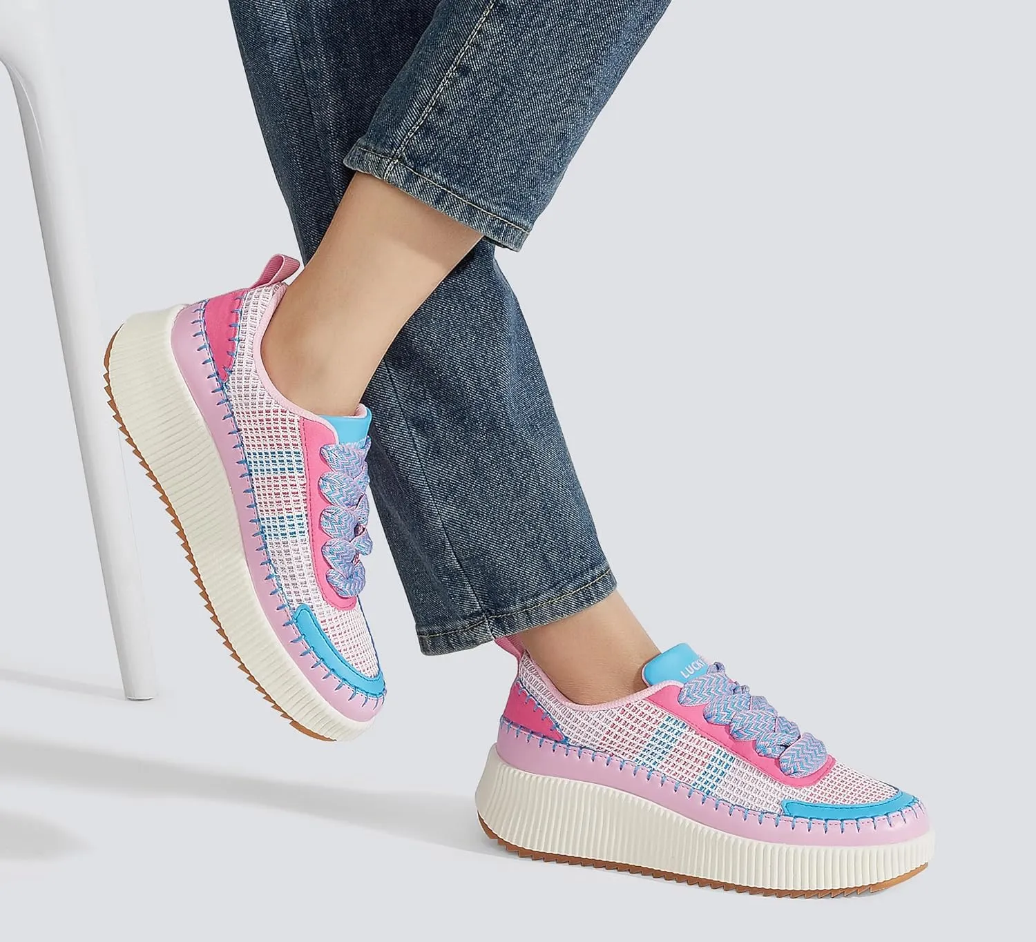 LUCKY STEP Women's Platform Sneakers Rhinestone Fashion Chunky Casual Sparkly Retro Braided Walking Shoes