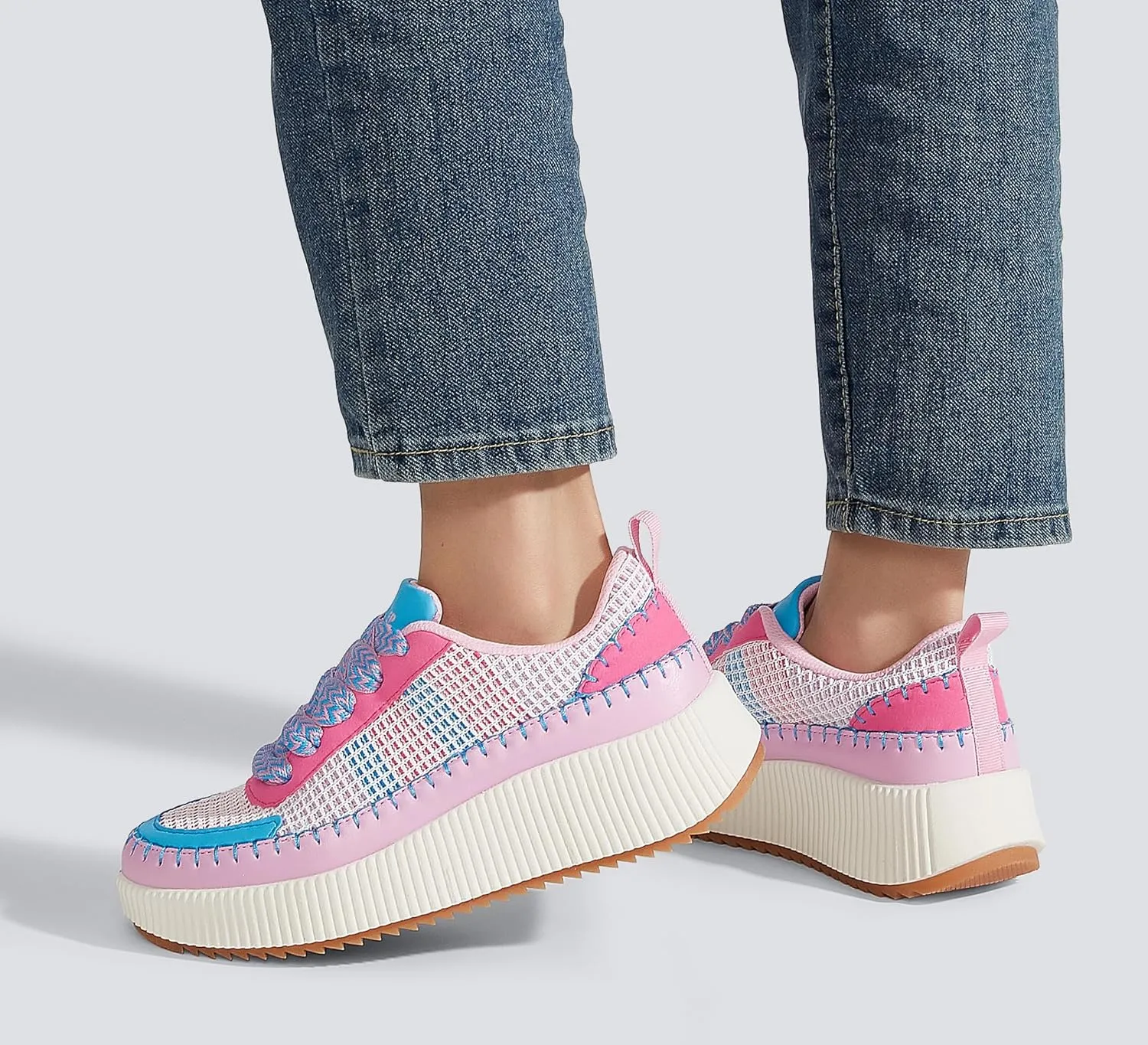 LUCKY STEP Women's Platform Sneakers Rhinestone Fashion Chunky Casual Sparkly Retro Braided Walking Shoes
