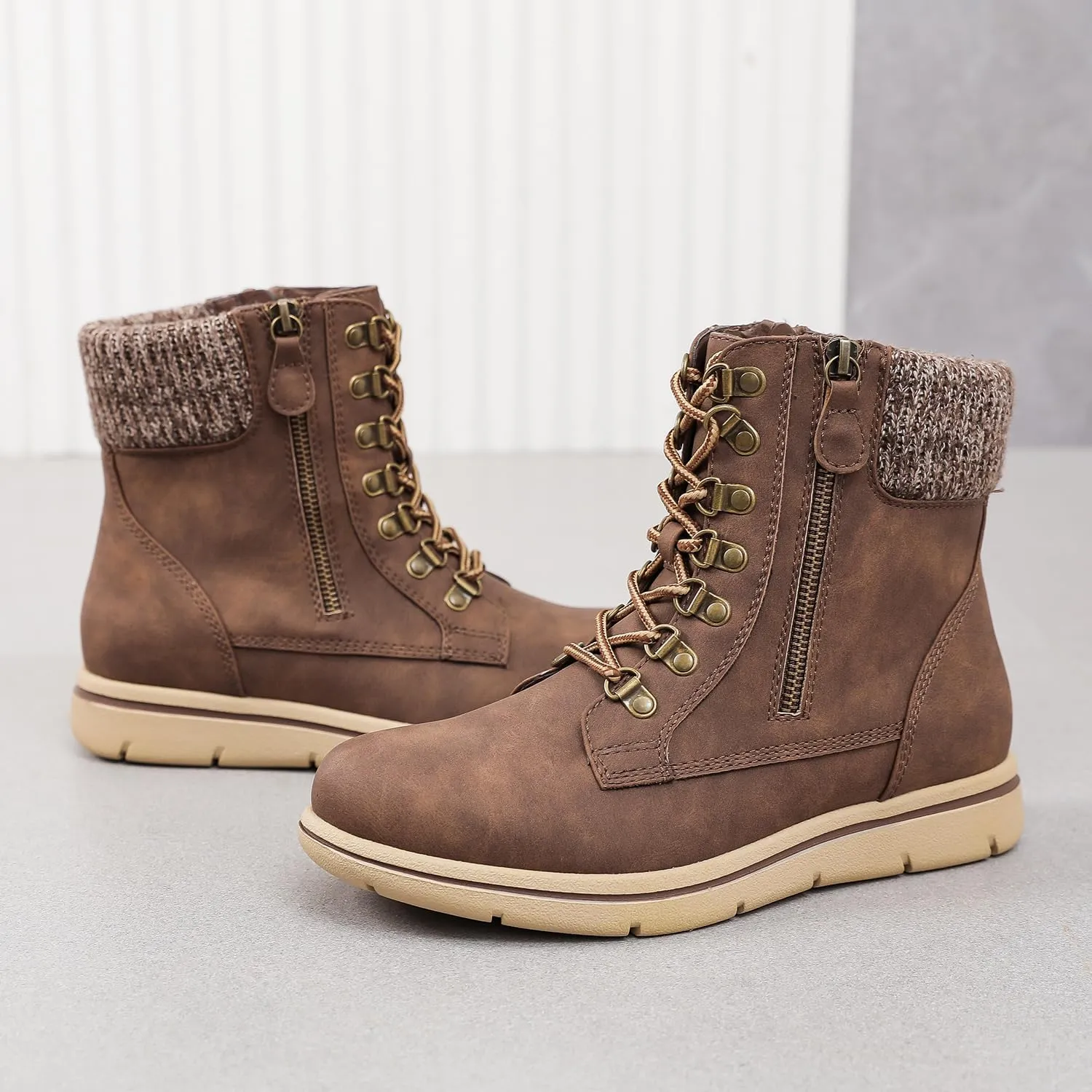 Luoika Women's Wide Width Ankle Boots, Flat Heel Side Zipper Lace Up Plus Size Short Booties.