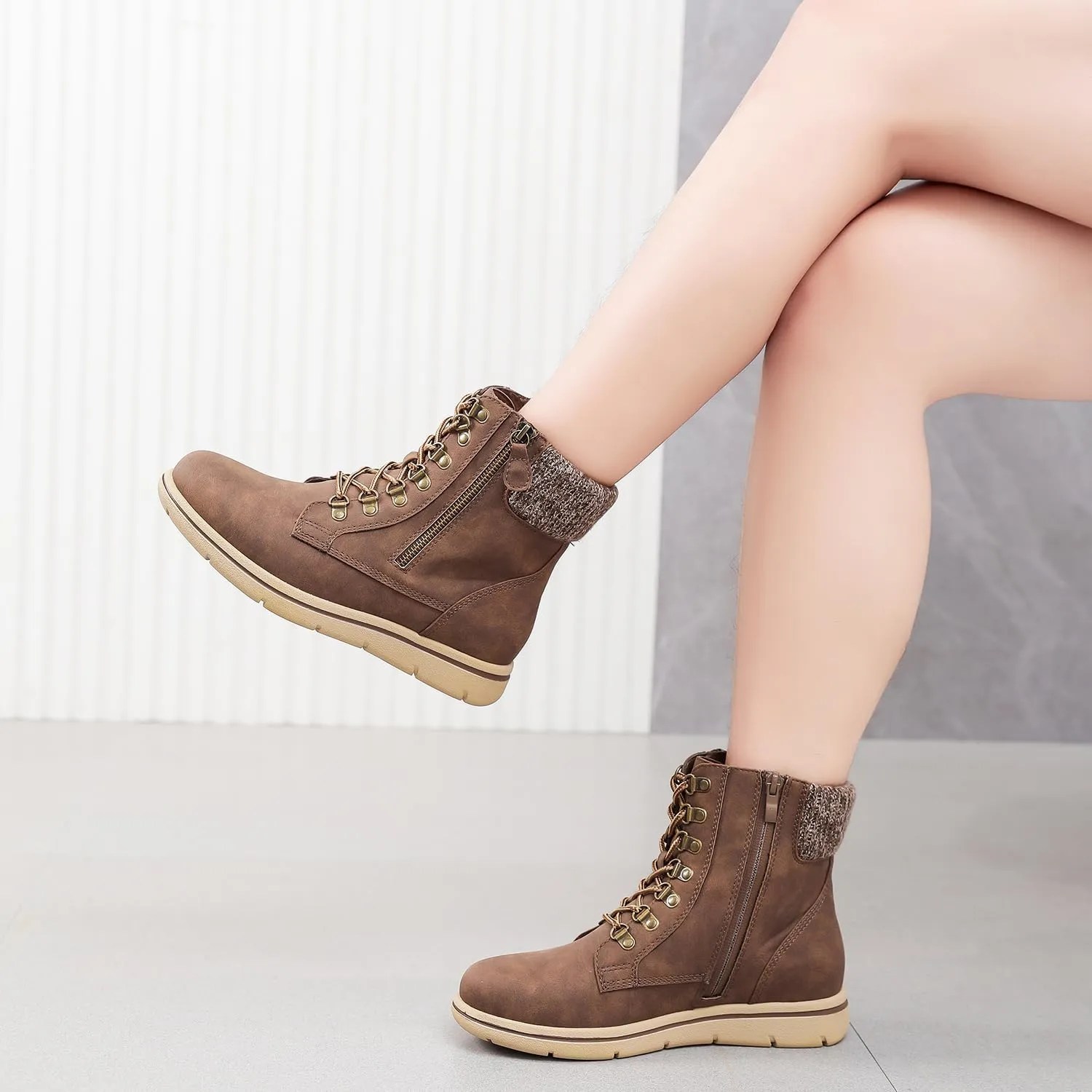 Luoika Women's Wide Width Ankle Boots, Flat Heel Side Zipper Lace Up Plus Size Short Booties.