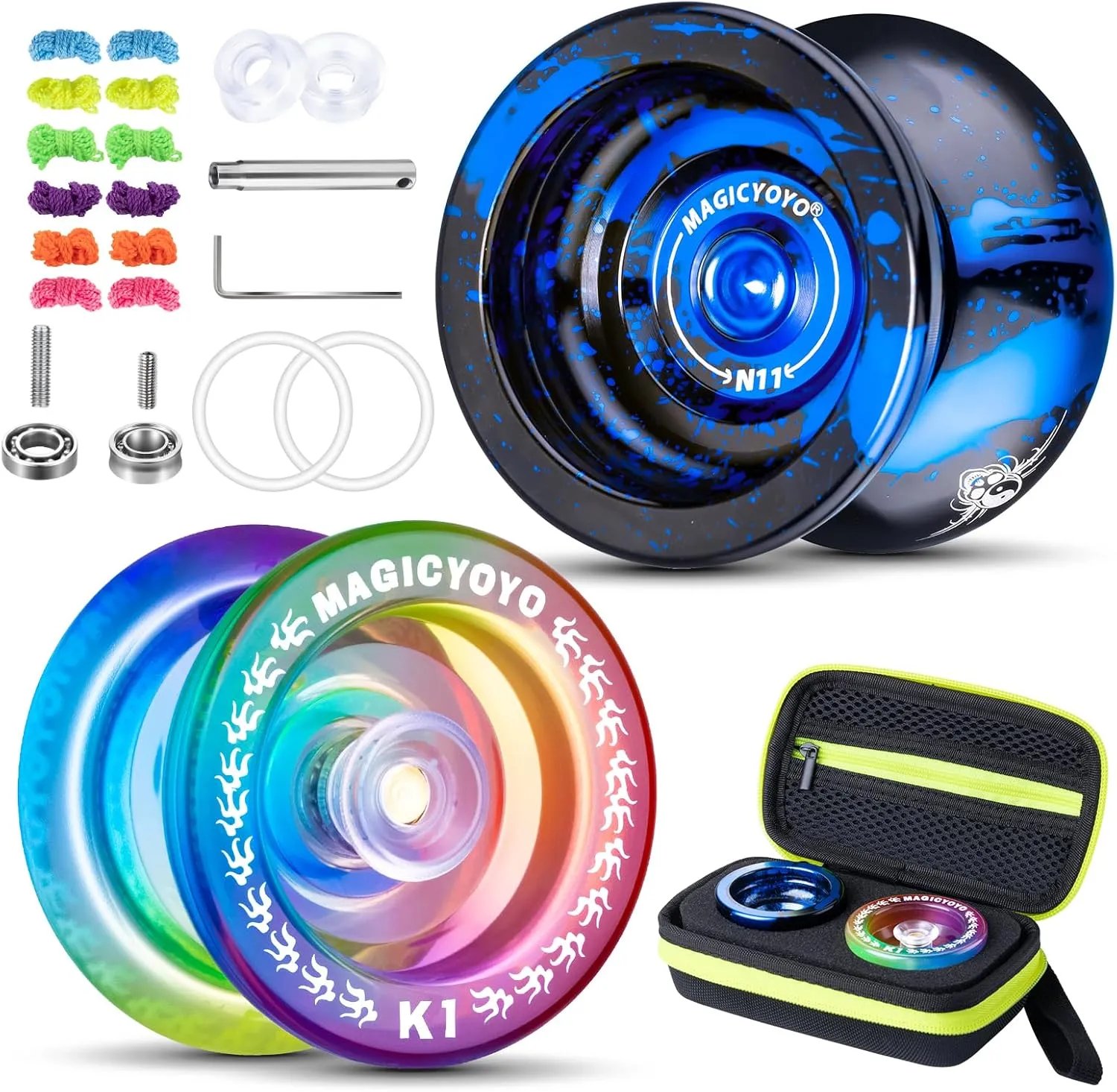 MAGICYOYO Pro Yoyo 2 Pack, Responsive Yoyo for Kids Beginner, Metal Yoyo N11 and Plastic Yoyo K1, Dual Purpose Yoyo Replacement Unresponsive Yoyo Bearing for Advanced with Yoyo Case   12 Yoyo Strings
