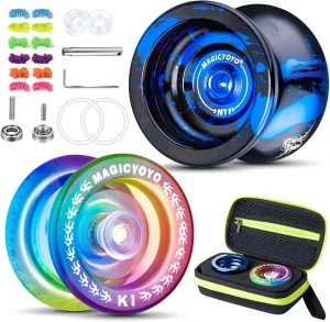 MAGICYOYO Pro Yoyo 2 Pack, Responsive Yoyo for Kids Beginner, Metal Yoyo N11 and Plastic Yoyo K1, Dual Purpose Yoyo Replacement Unresponsive Yoyo Bearing for Advanced with Yoyo Case   12 Yoyo Strings