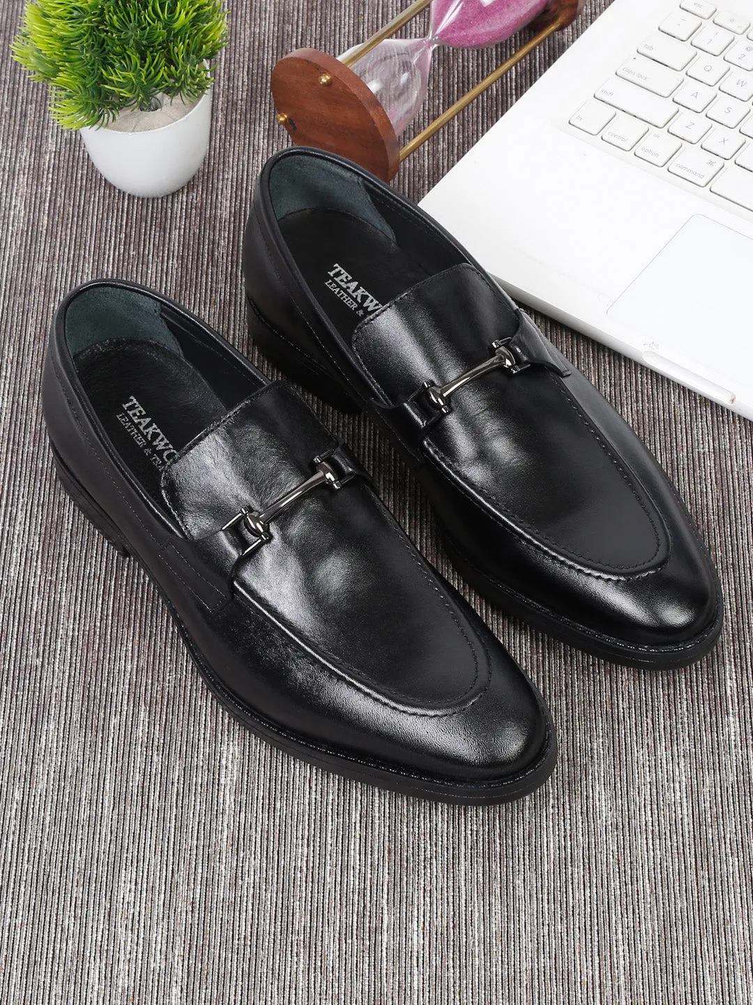 Men Black Solid Leather Formal Slip-On