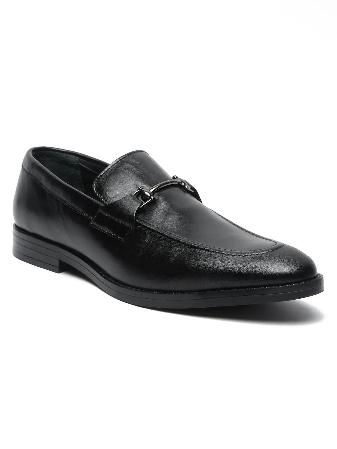 Men Black Solid Leather Formal Slip-On