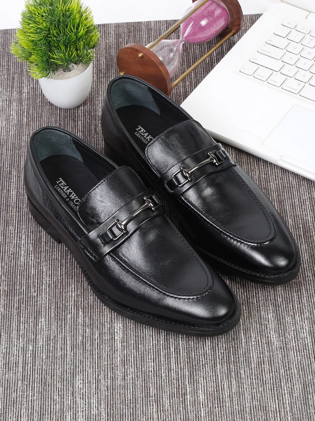 Men Black Solid Leather Formal Slip-On