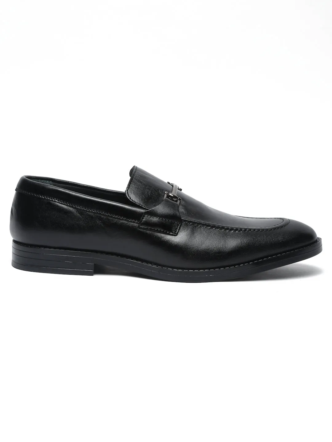 Men Black Solid Leather Formal Slip-On