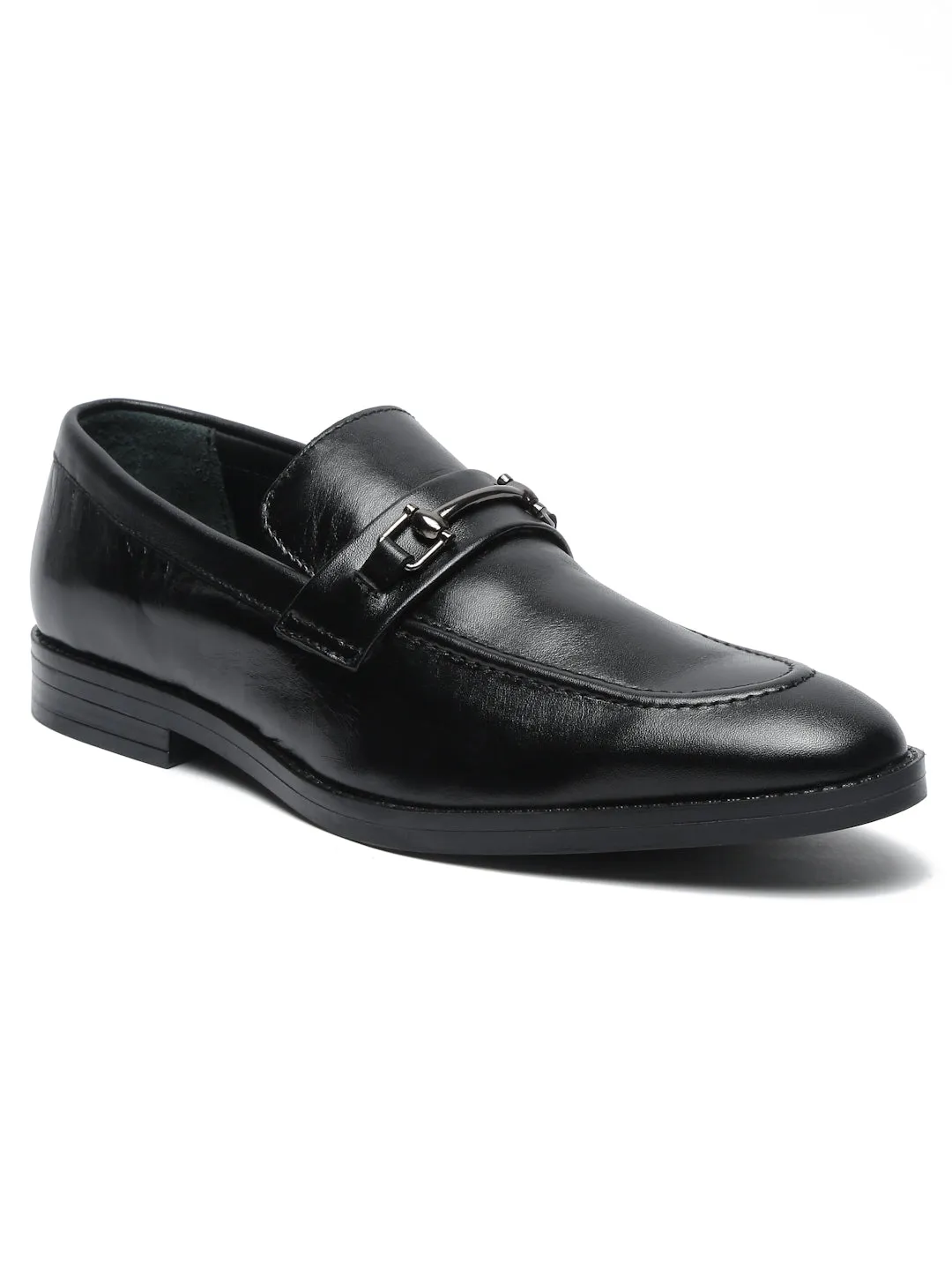 Men Black Solid Leather Formal Slip-On