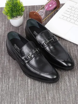 Men Black Solid Leather Formal Slip-On
