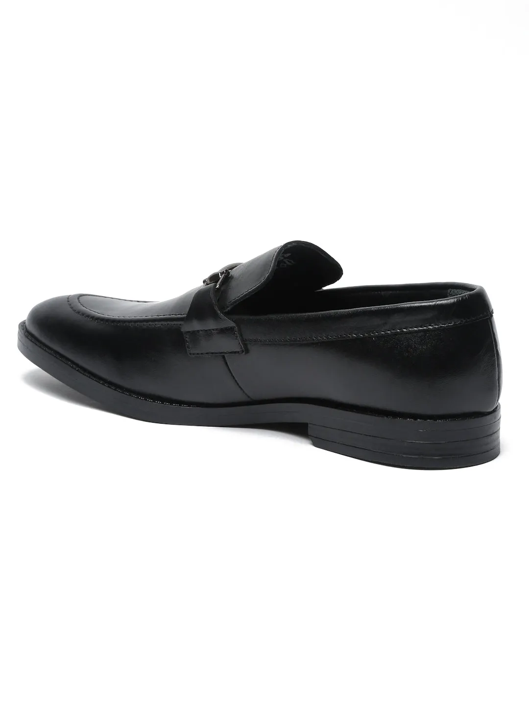 Men Black Solid Leather Formal Slip-On