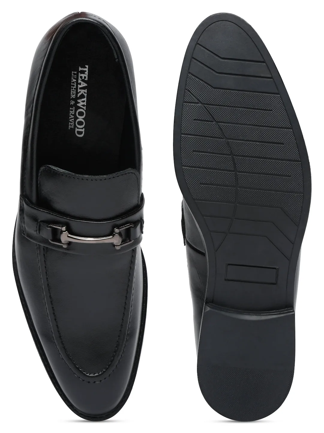 Men Black Solid Leather Formal Slip-On