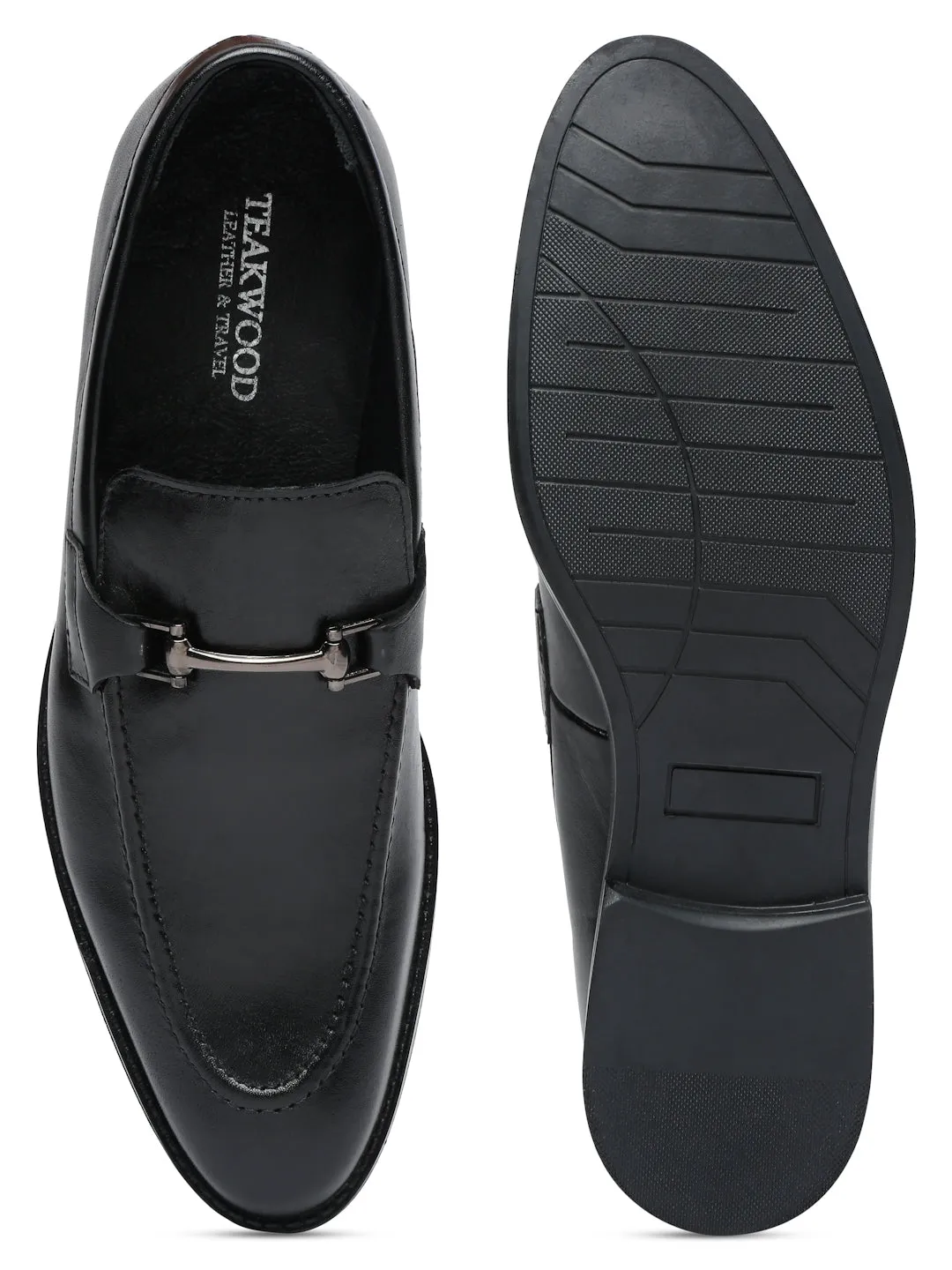 Men Black Solid Leather Formal Slip-On