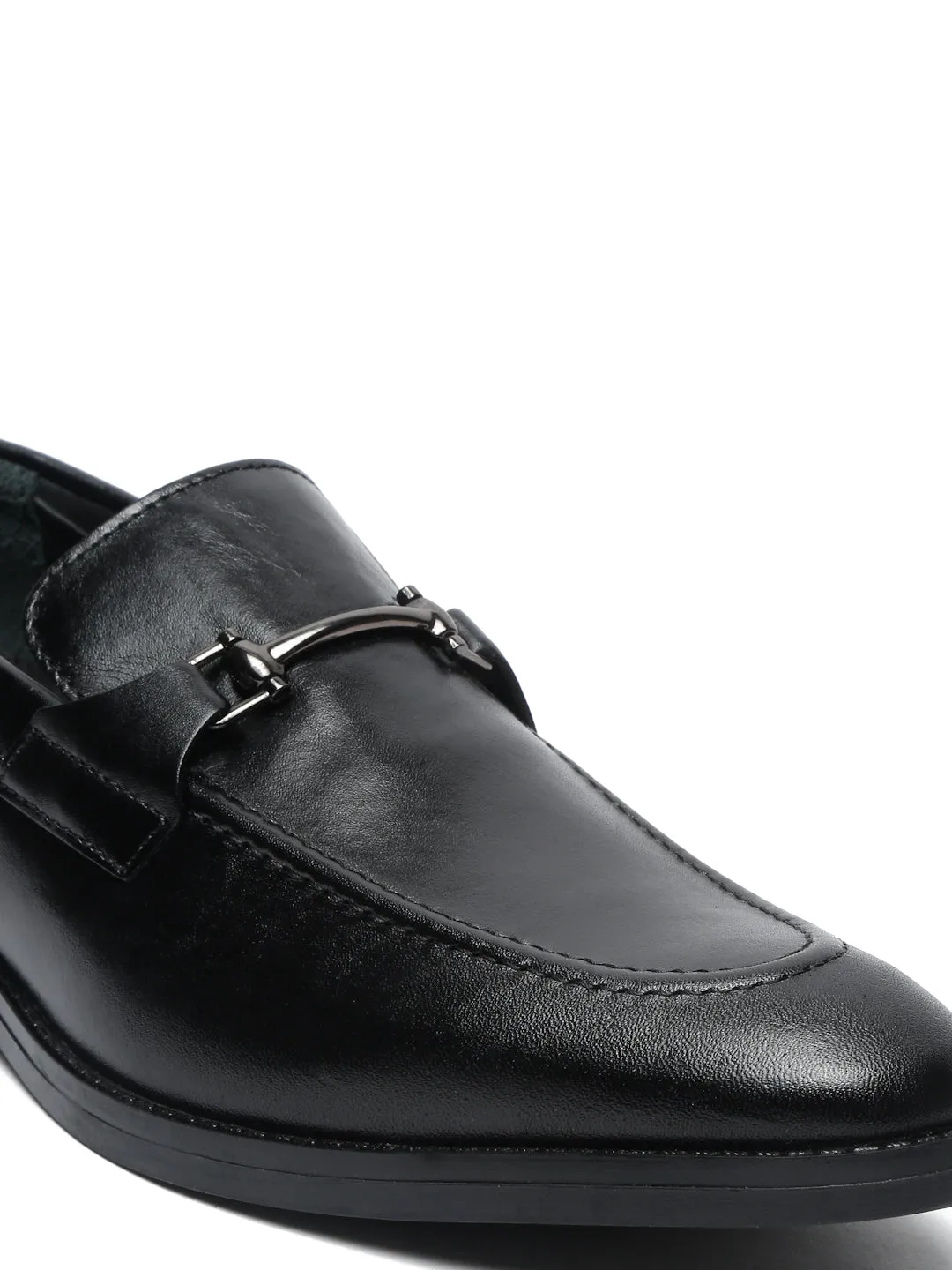 Men Black Solid Leather Formal Slip-On