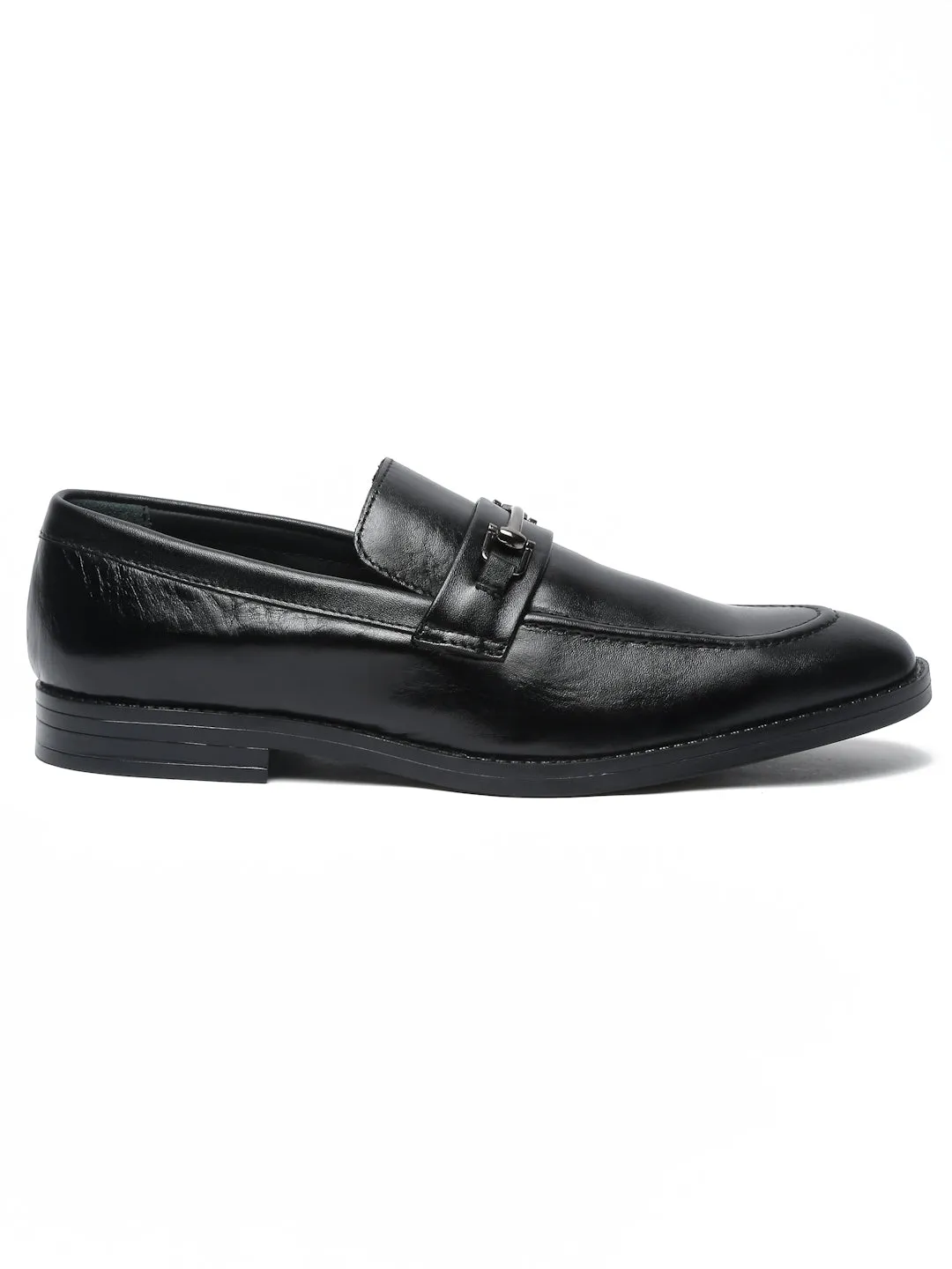 Men Black Solid Leather Formal Slip-On