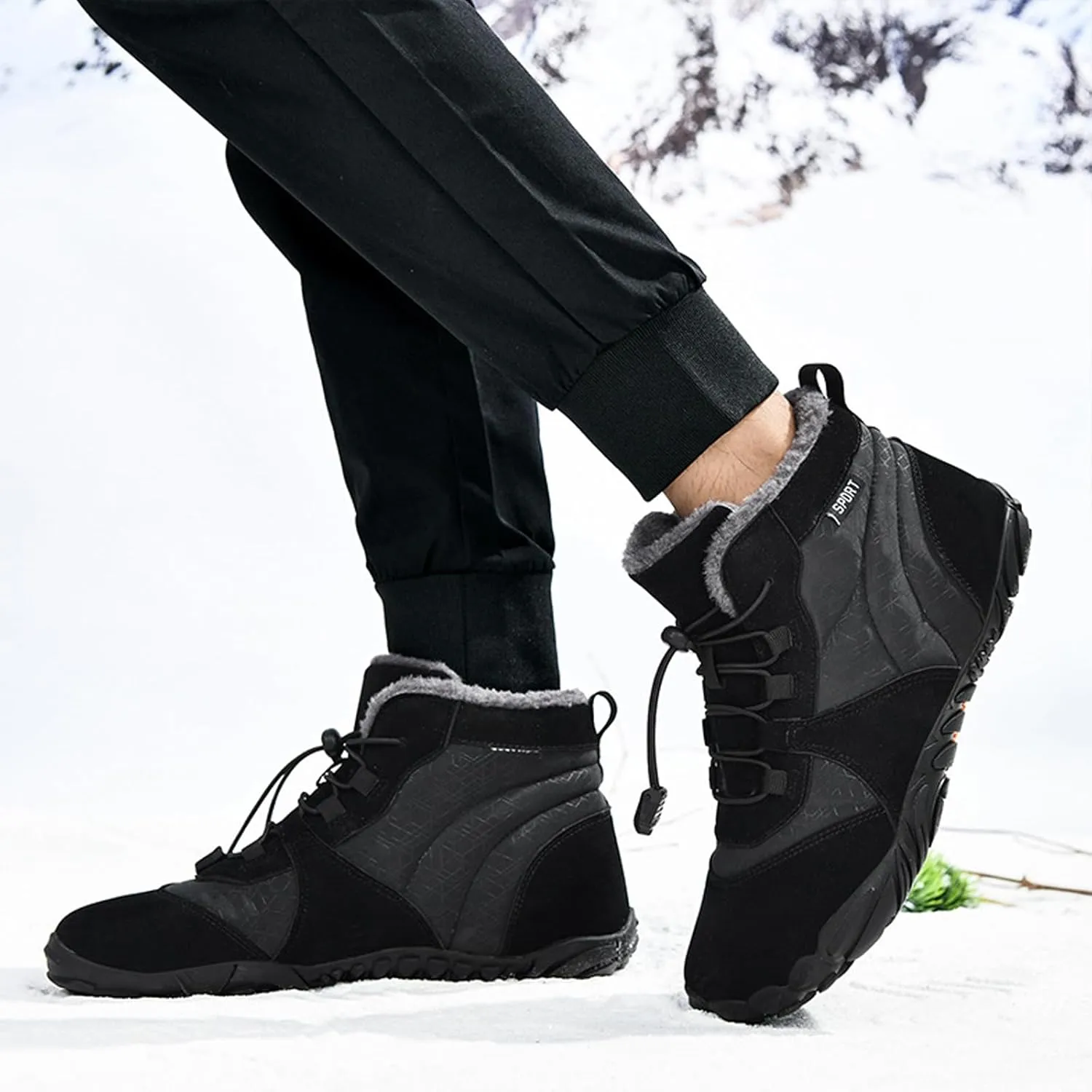 Men's Suede Lace-Up Flat Barefoot Hiking Boots Comfort Warm Fur Lining Non-Slip Slip-On Barefoot Snow Boots for Outdoor Trail Running