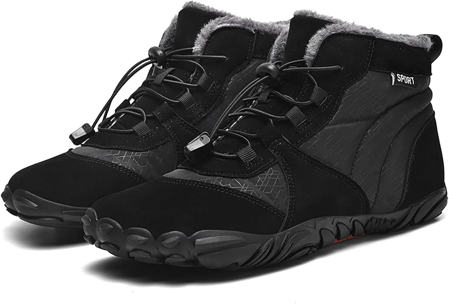 Men's Suede Lace-Up Flat Barefoot Hiking Boots Comfort Warm Fur Lining Non-Slip Slip-On Barefoot Snow Boots for Outdoor Trail Running