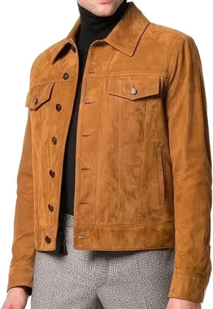 Men’s Tan Brown Genuine Suede Leather Jacket with Shirt Collar – Classic Third Generation Cowboy Native American Vintage Style, 4X-Large