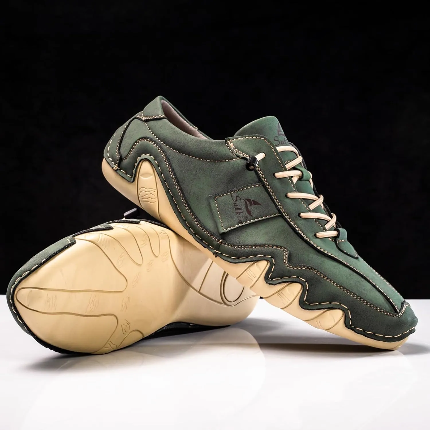 Men's Waterproof Suede Casual Walking Shoes for Hiking Camping & Driving All Season Retro Hand Stitched Round Toe Elastic Lace Up Outdoor Sports Sneakers Comfortable Soft Fashion Sneakers