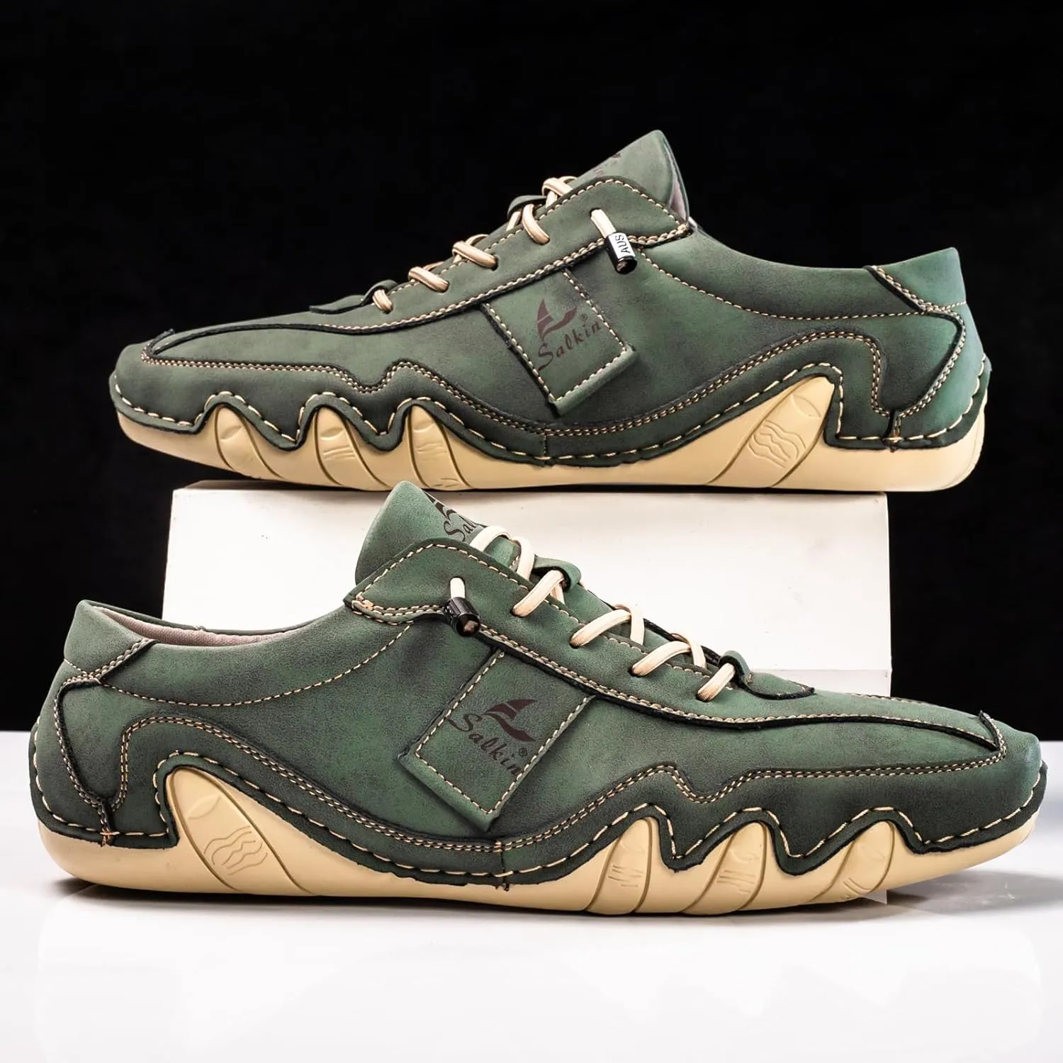 Men's Waterproof Suede Casual Walking Shoes for Hiking Camping & Driving All Season Retro Hand Stitched Round Toe Elastic Lace Up Outdoor Sports Sneakers Comfortable Soft Fashion Sneakers