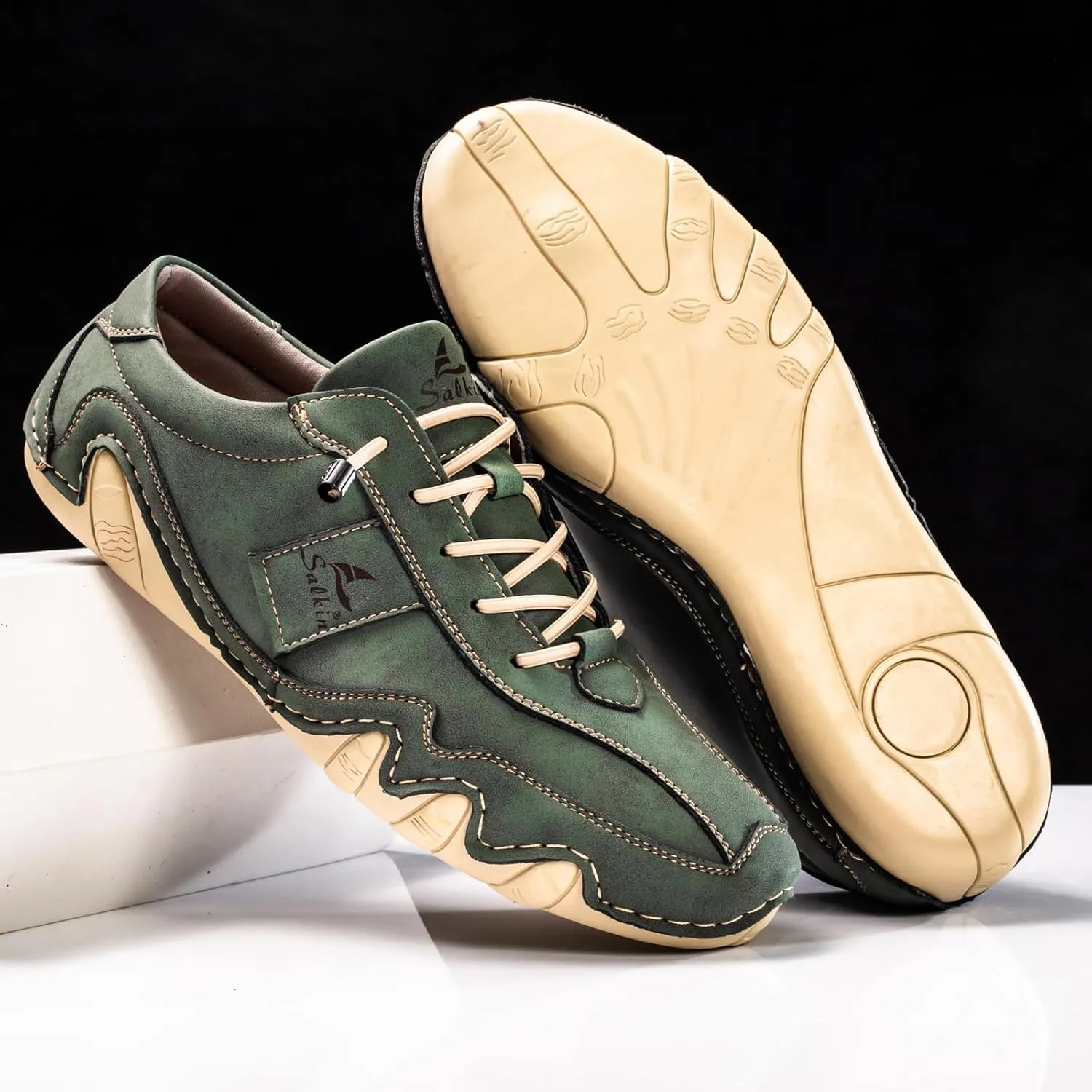 Men's Waterproof Suede Casual Walking Shoes for Hiking Camping & Driving All Season Retro Hand Stitched Round Toe Elastic Lace Up Outdoor Sports Sneakers Comfortable Soft Fashion Sneakers
