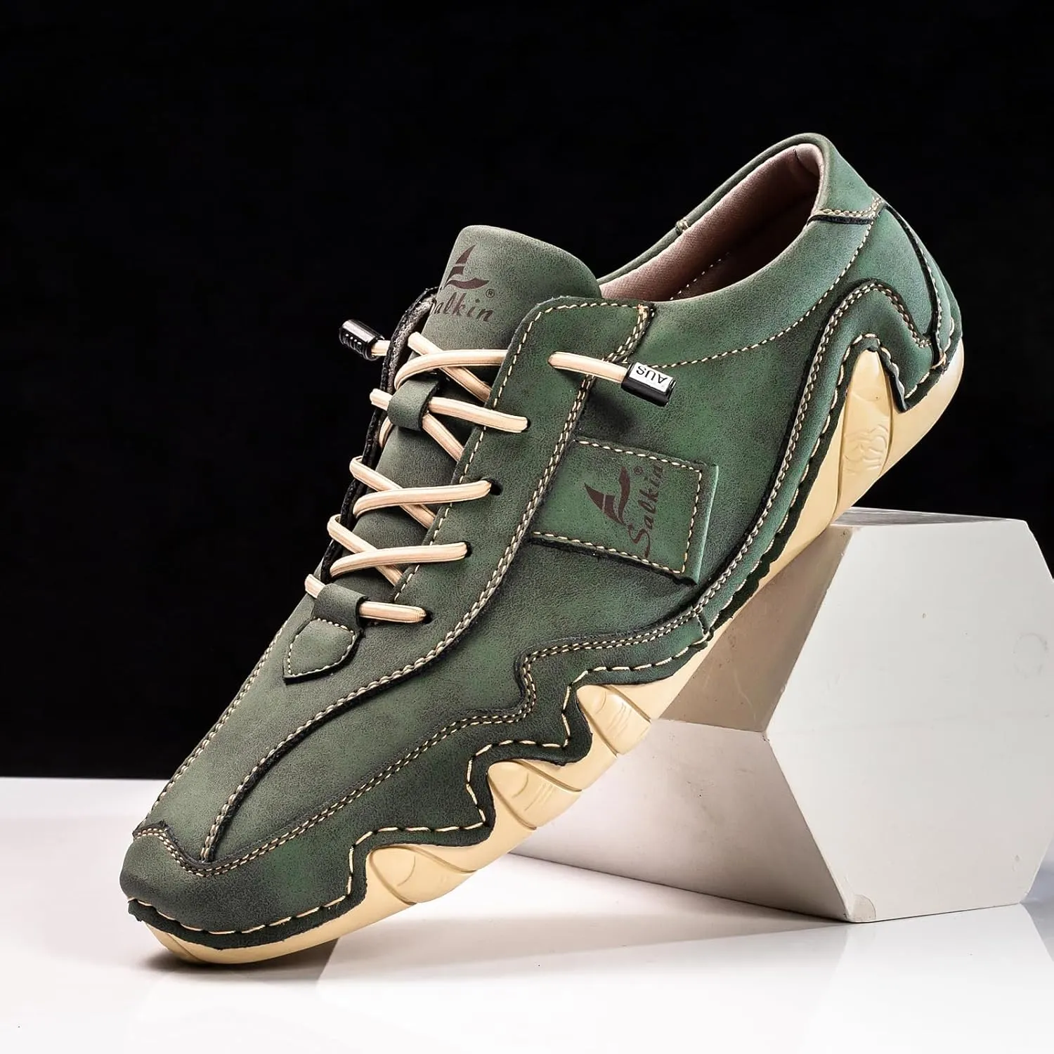 Men's Waterproof Suede Casual Walking Shoes for Hiking Camping & Driving All Season Retro Hand Stitched Round Toe Elastic Lace Up Outdoor Sports Sneakers Comfortable Soft Fashion Sneakers