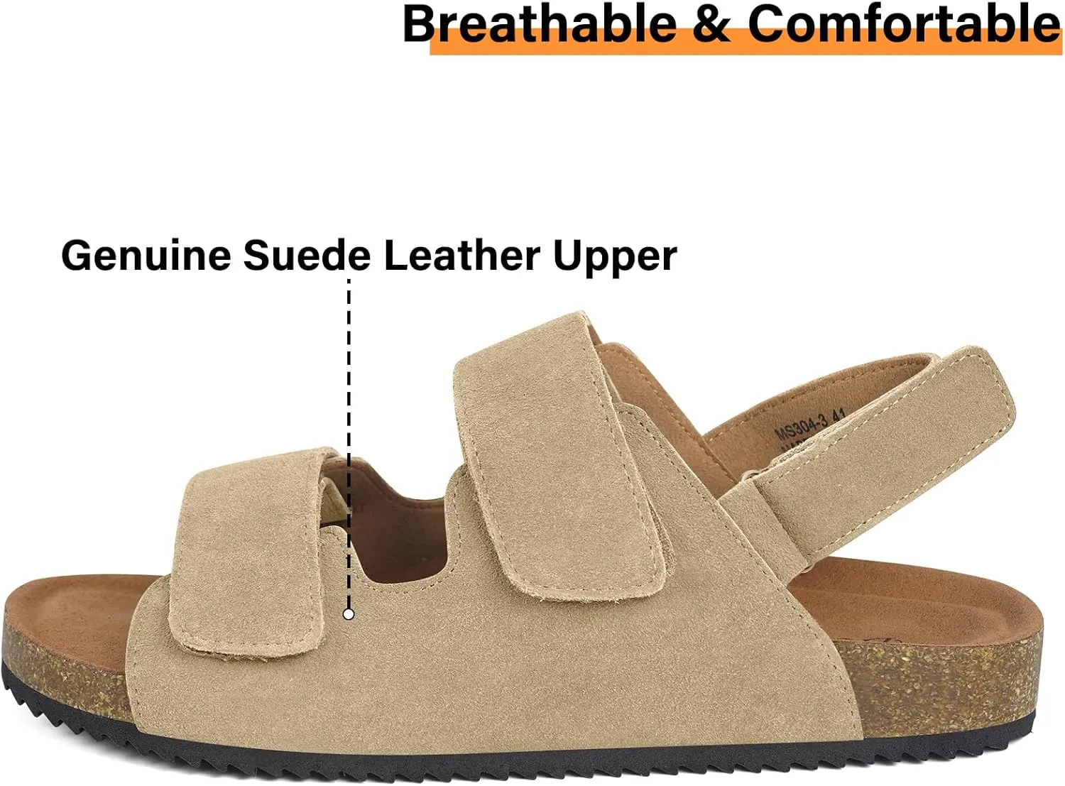 Mens Womens Cork Footbed Sandals Suede Leather Flat Sandals Arch Support Orthotic Summer Slip on Open Toe Outdoor Slide Shoes with Adjustable Double Strap & Back Strap