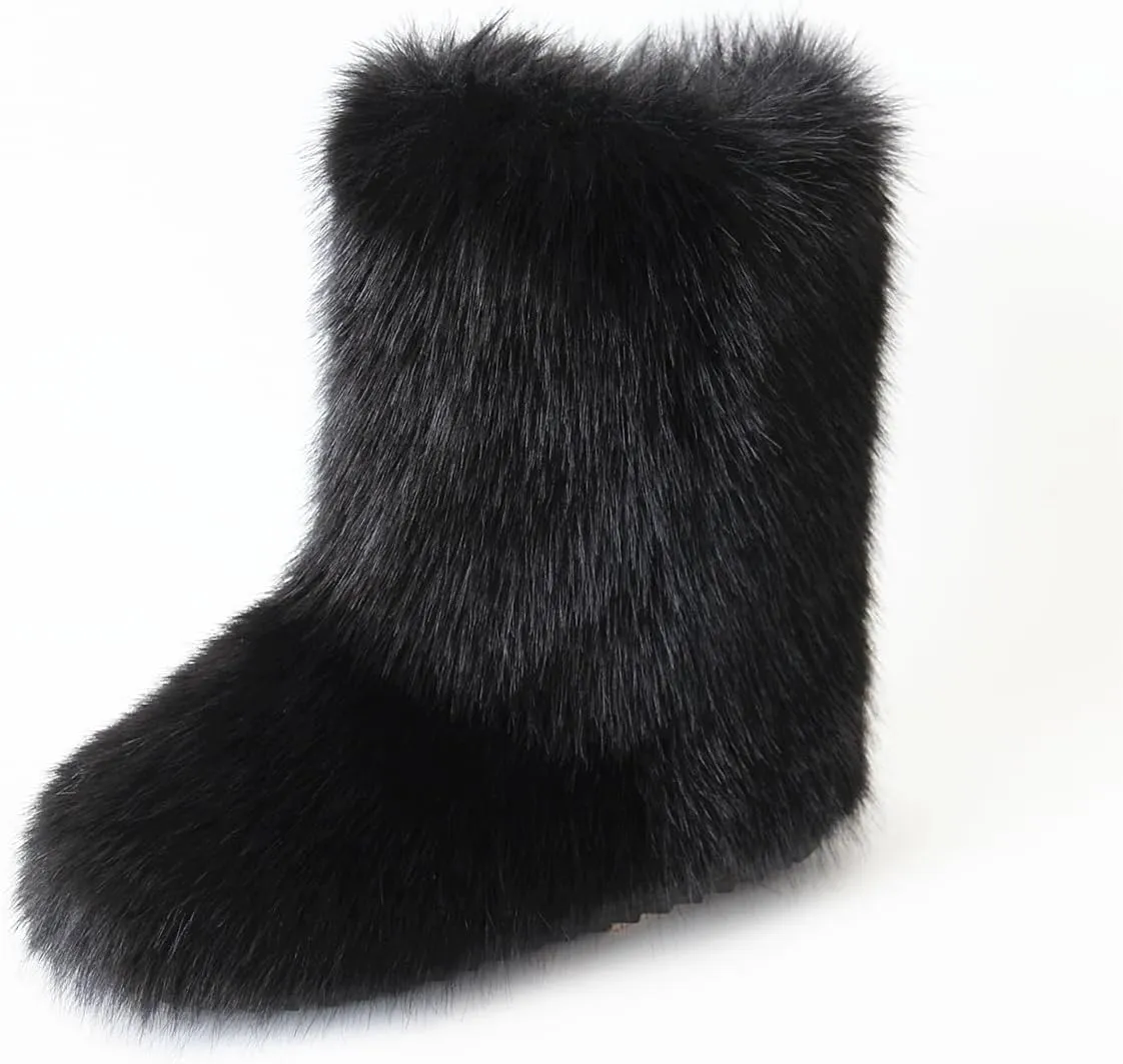 MH Bailment Women's Faux Fur Boots Winter Mid-Calf Snow Boots Fuzzy Fluffy Furry Fashion Short Snow Boots