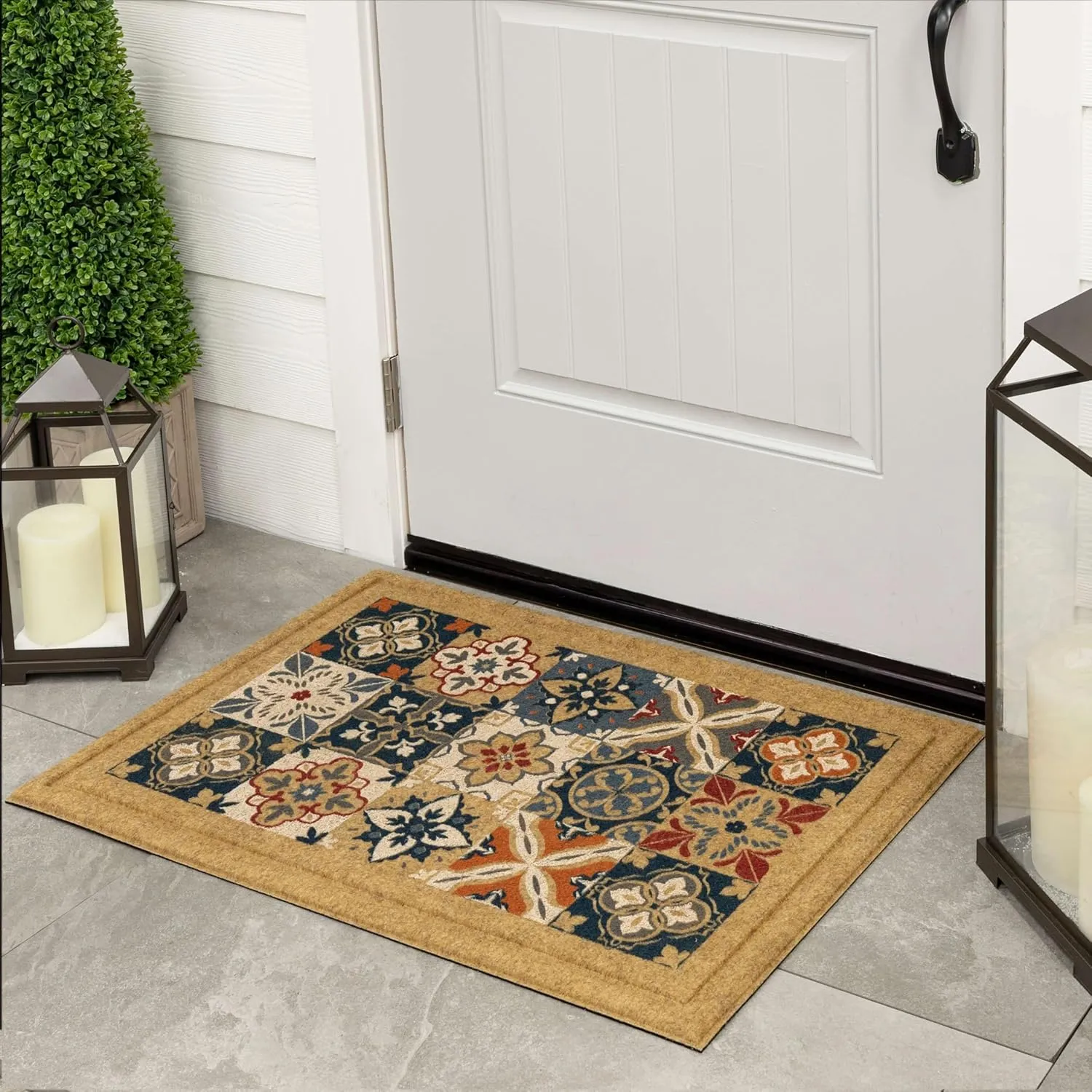 Mohawk Home Entryway Door Mat 2' X 3' All Weather Outdoor Non Slip Recycled Rubber Doormat, Morocco Midnight Tan