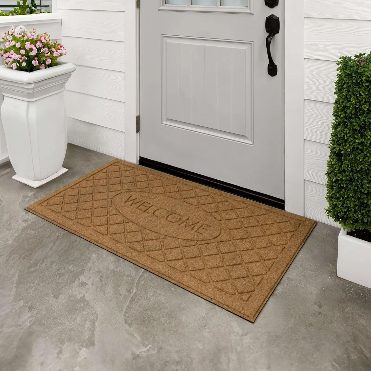Mohawk Home Entryway Door Mat 2' X 4' All Weather Outdoor Non Slip Recycled Rubber Doormat, Welcome Impressions Light Brown