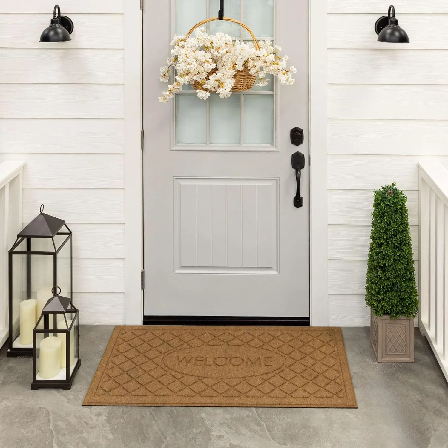Mohawk Home Entryway Door Mat 2' X 4' All Weather Outdoor Non Slip Recycled Rubber Doormat, Welcome Impressions Light Brown