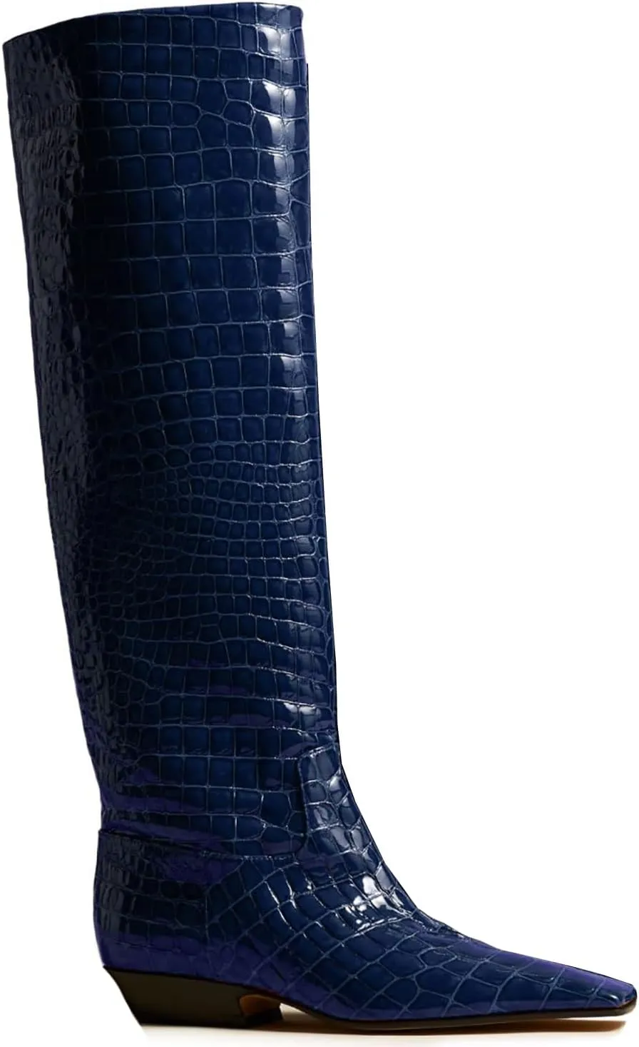 MOOMMO Women Flat Heel Knee High Boots Square Toe Pull On Long Boots Suede Slouch Low Heel Dress Boots Wide Calf Pleated Knee High Tall Boots Comfort Vintage Casual Walking Party 4-11 M US