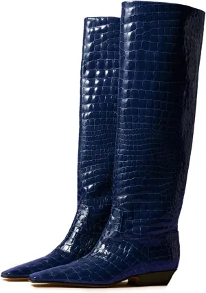 MOOMMO Women Flat Heel Knee High Boots Square Toe Pull On Long Boots Suede Slouch Low Heel Dress Boots Wide Calf Pleated Knee High Tall Boots Comfort Vintage Casual Walking Party 4-11 M US