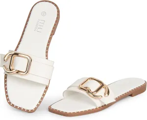 MUSSHOE Flat Sandals for Women Slip On Slides with Gold Buckle Sandals Square Open Toe Comfort